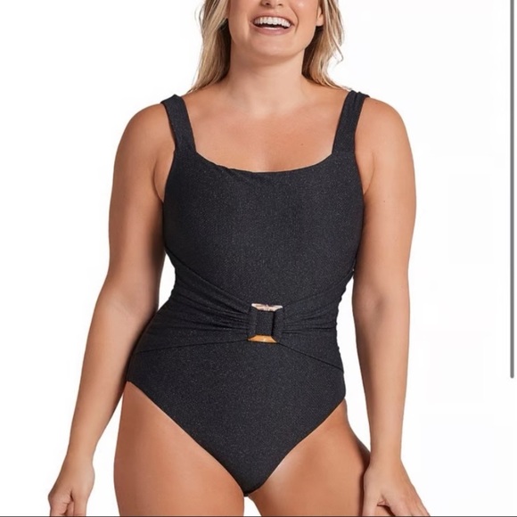 New! Leonisa shapeware sculpting belted black one piece swimsuit 37780 - Picture 1 of 8